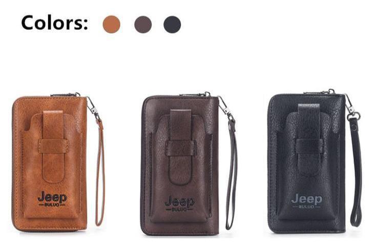 Three Jeep-branded phone cases in brown, black, and dark brown on a white background.